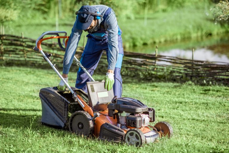Professional gardener in protective workwear getting grass basket from the lawn mower while cutting grass on the backyard